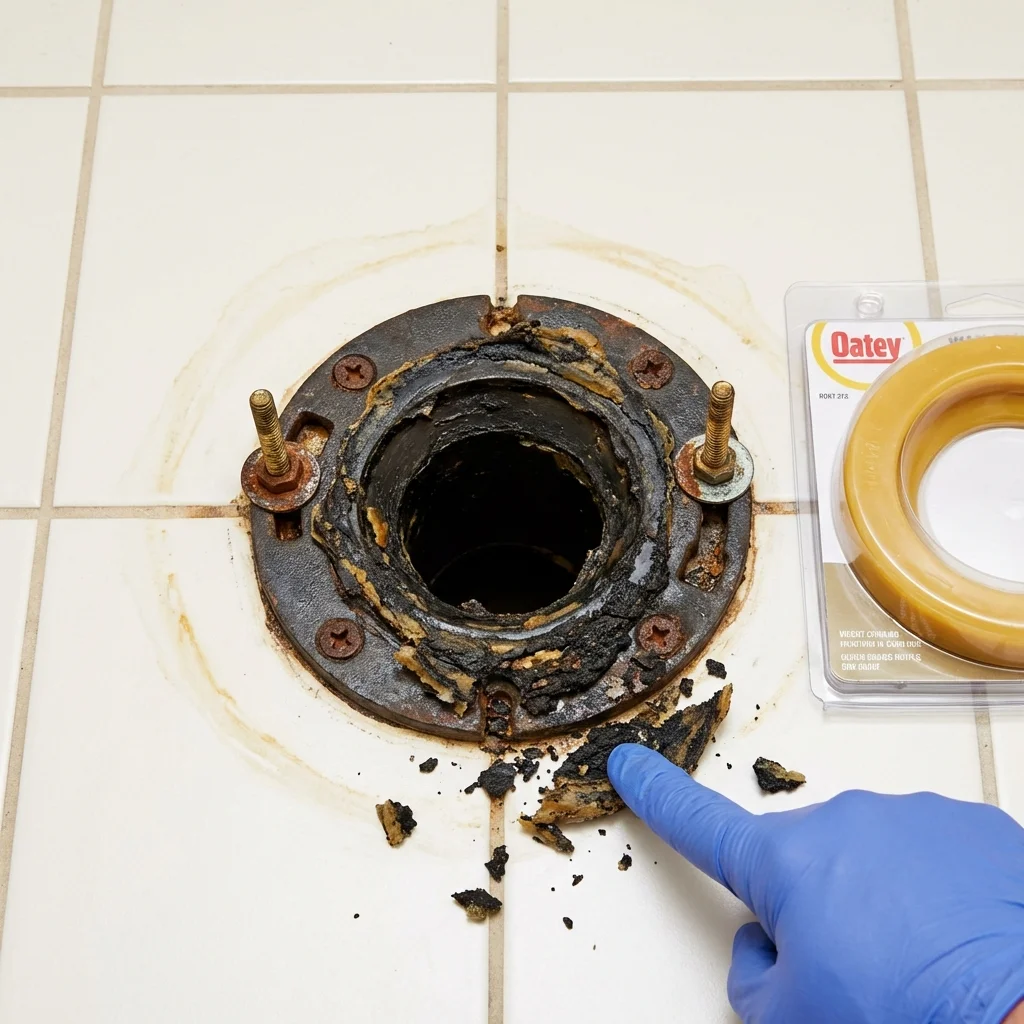 Failed wax ring showing water seepage at the base of a toilet in a Shenandoah, VA home