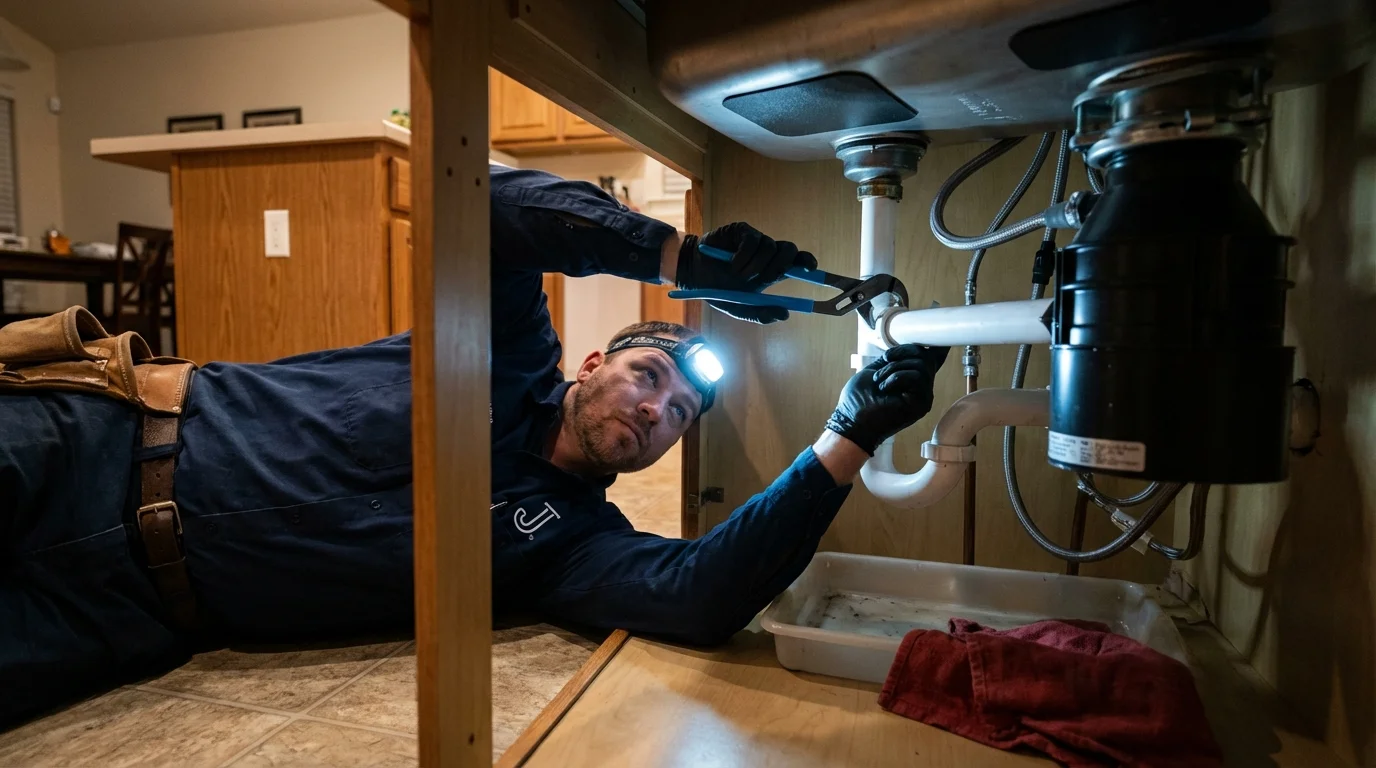 P-trap and supply line connections under a kitchen sink showing a common leak point in Shenandoah, VA